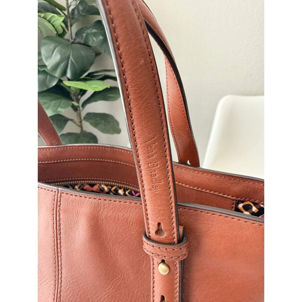 Vera Bradley Brown Leather Tote Bag Crossbody Strap Geometric Lining - Picture 3 of 10